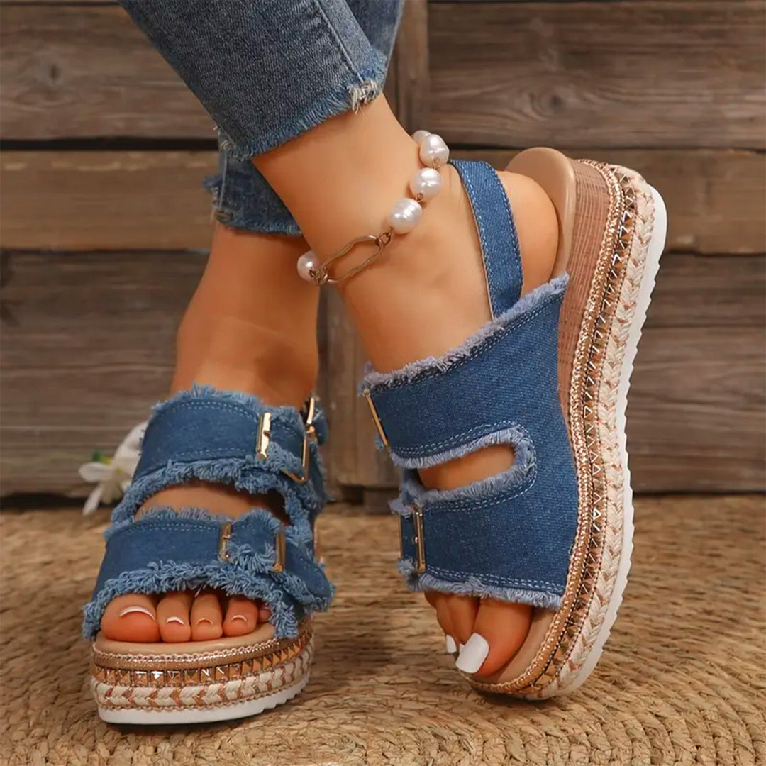 Aria | Denim Buckle Wedge Sandals