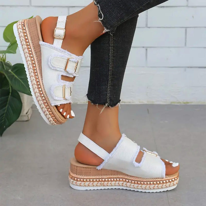 Aria | Denim Buckle Wedge Sandals