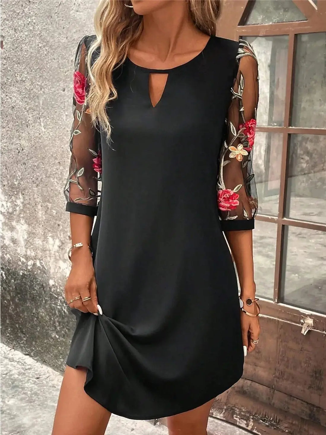 Elise | Embroidered Sheer Sleeve Mini Dress